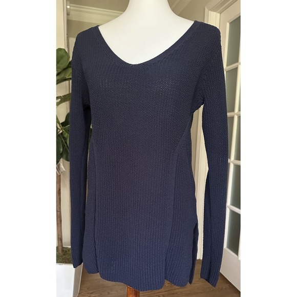 Athleta Sweaters - Athleta Womens Highline Sweater Navy Blue Cotton Nylon V Neck Split Hem Sz M